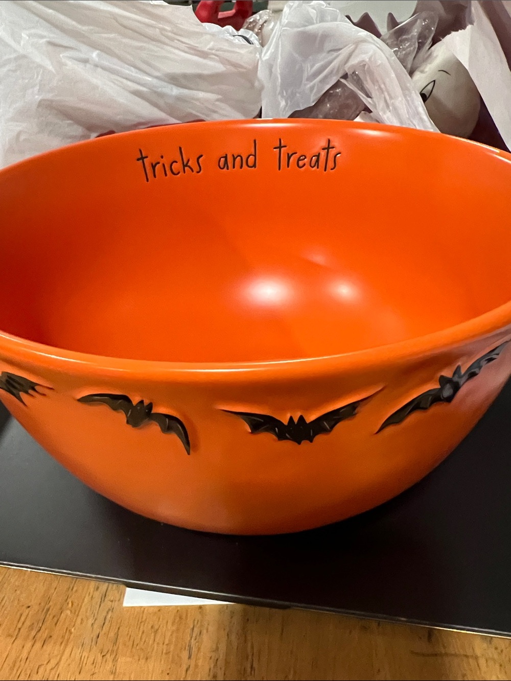 Rae Dunn Halloween 'tricks and treats' Orange Bat Candy Bowl